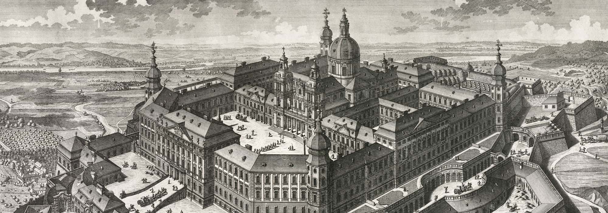 Salomon Kleiner: Gesamtansicht von Stift Göttweig aus der Vogelschau nach dem Idealplan Hildebrandts, Kupferstich, 1744 / Bernhard Rameder